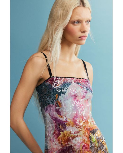Desigual Blue Sequin Flower Dress, Viscose