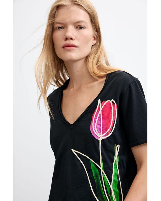 Desigual Black Floral Print T-Shirt 100% Cotton, Cotton