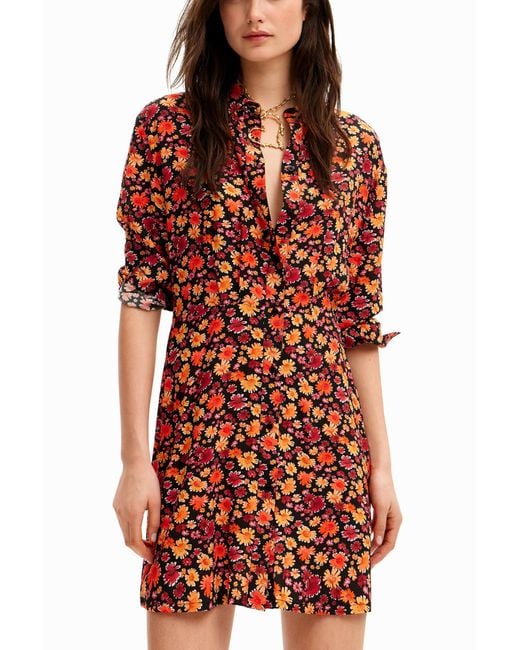 Desigual Red Short Floral Shirt Dress, Viscose