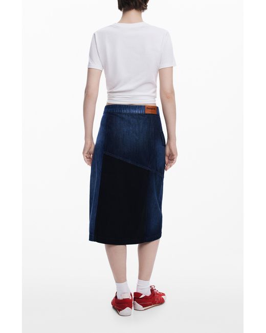 Desigual Blue Crossed Denim Midi Skirt, Cotton