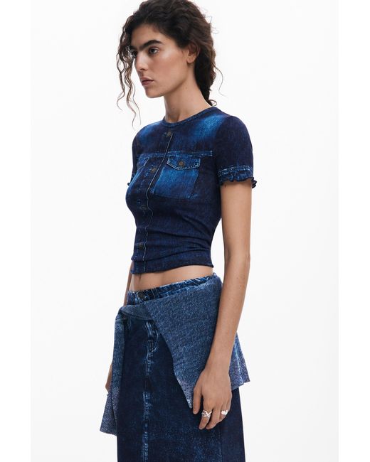 Desigual Blue Denim Effect T-Shirt, Cotton