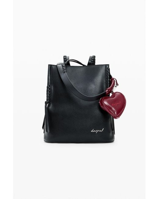 Desigual Black Medium Backpack Charm Heart, Polyurethane