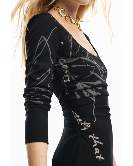 Desigual Black Midi Floral Dress, Viscose