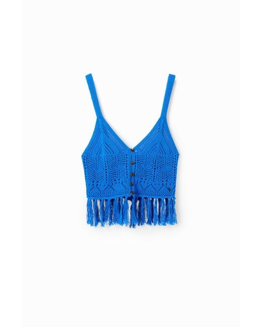 Desigual Blue Crochet Crop Top, Cotton