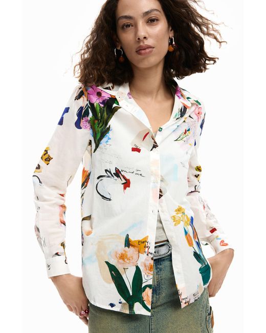Desigual White Shirt Collage Flowers, Cotton