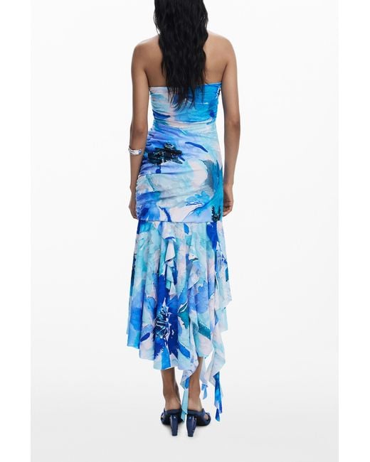 Desigual Blue Asymmetric Bandeau Dress, Polyester