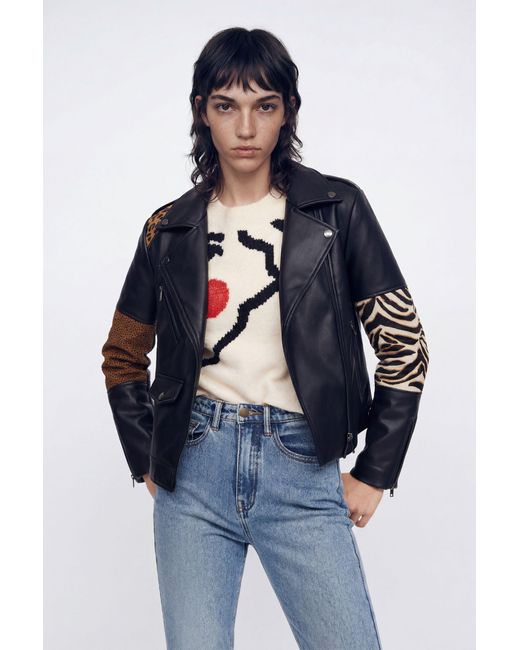 Cazadora Biker Piel Patch, Negro Desigual de color Black