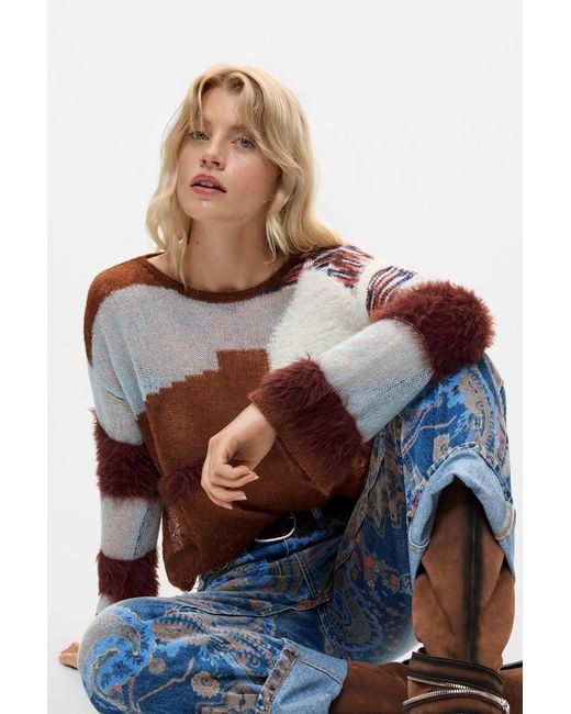 Desigual Blue Printed Cropped Sweater
