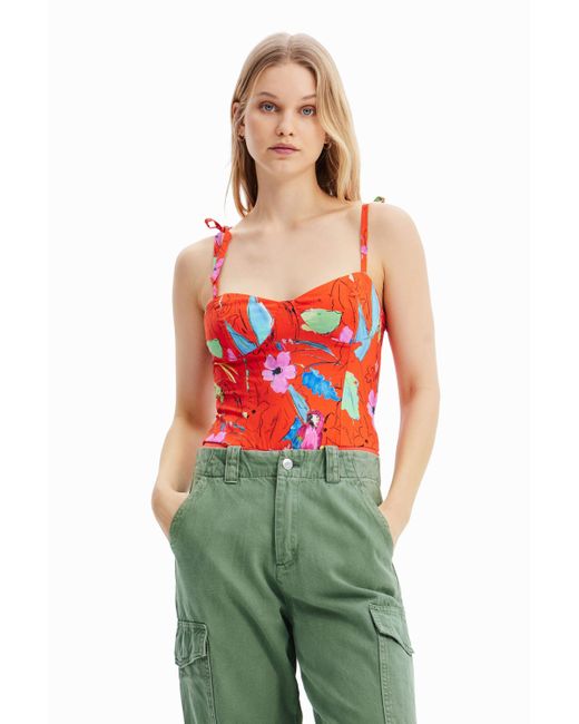 Desigual Red Tropical Strappy Corset Bodysuit