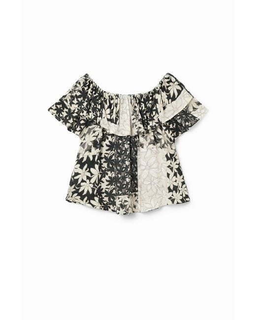 Desigual White Patchwork Floral Ruffle Blouse, Viscose