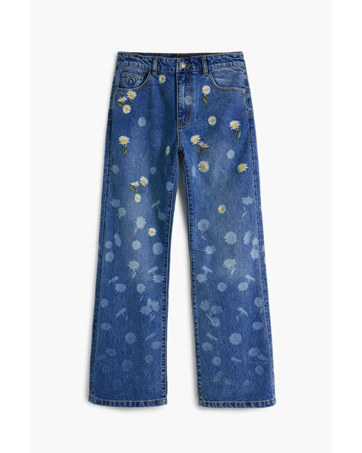 Desigual Blue Straight Jeans With Daisies, Cotton