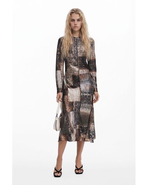 Desigual Brown Flowy Animal Print Dress, Polyester