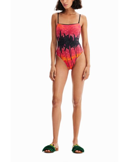 Desigual Red Stella Jean Bandeau Swimsuit