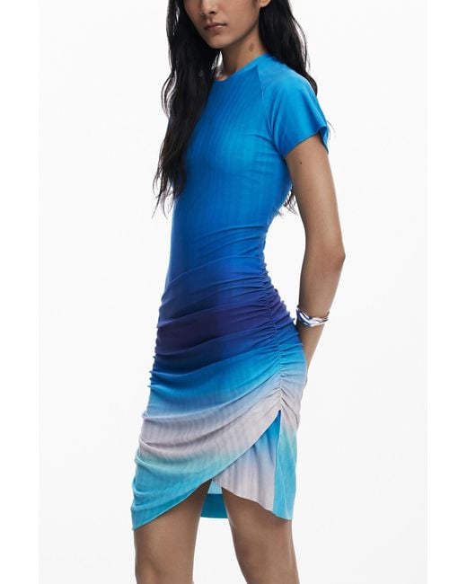 Desigual Blue Short Dress With Draped Skirt, Polyester