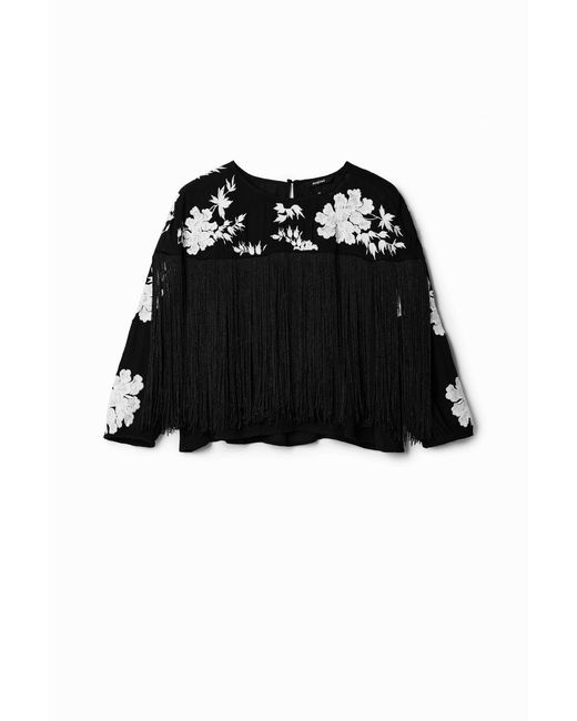 Desigual Black Fringed Embroidered Blouse, Viscose