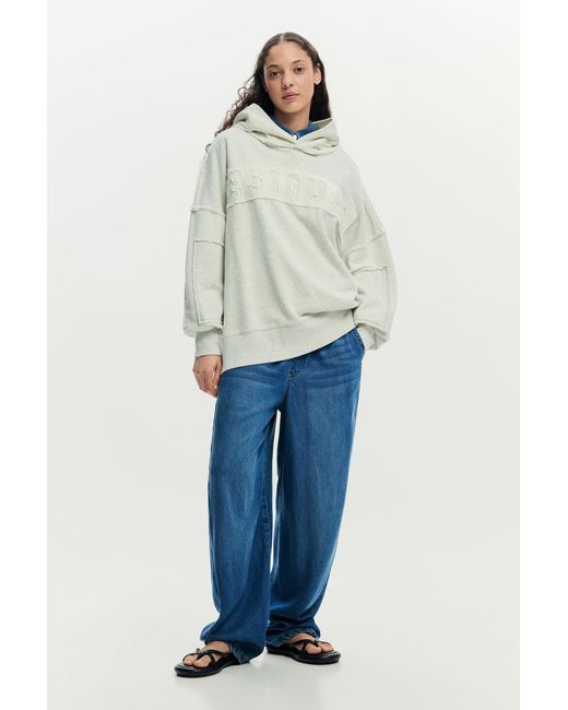 Desigual White Oversize Sweatshirt With Hood, Cotton