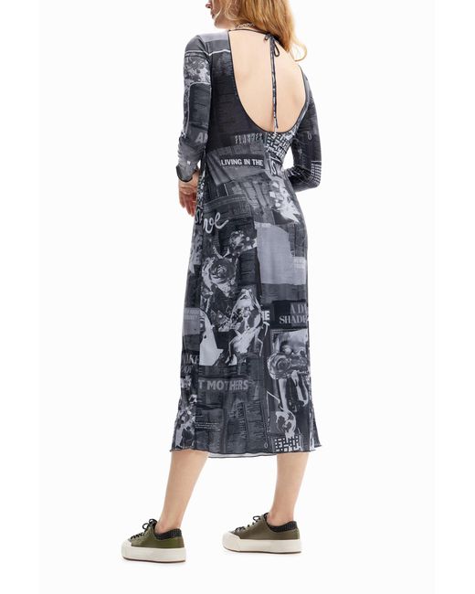Desigual Blue Slim Newspaper Midi Dress, Polyester