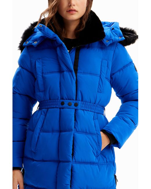Desigual Blue Quilted Belted Coat, Polyester