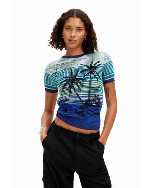 Desigual Blue Knit Palm Tree T-shirt