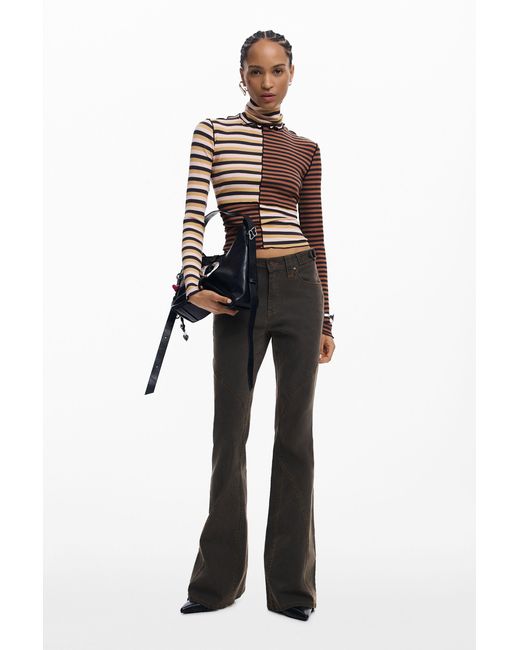Desigual Brown Long-Sleeved T-Shirt With High Neck, Cotton