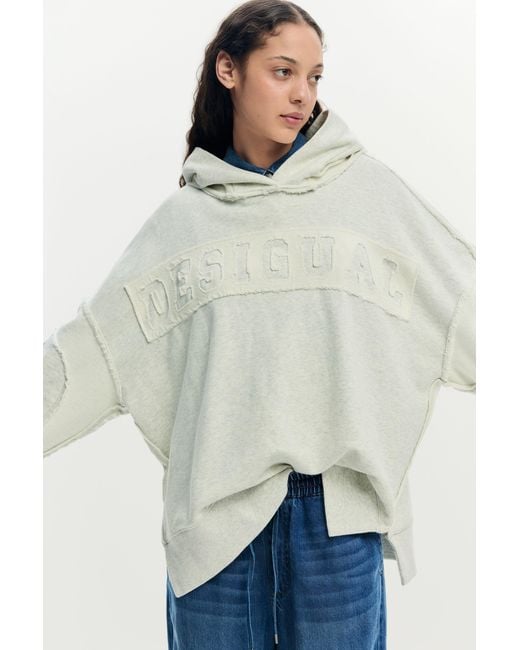 Desigual White Oversize Sweatshirt With Hood, Cotton