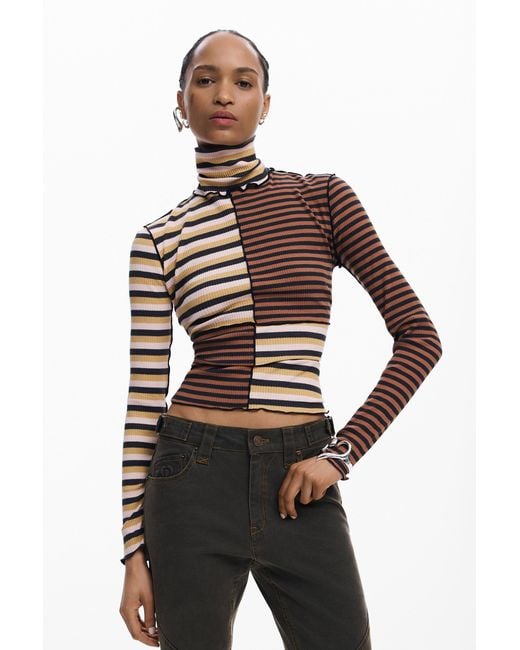Desigual Brown Long-Sleeved T-Shirt With High Neck, Cotton