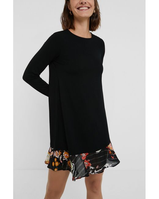 Desigual Black Kurzes Kleid Mit Blumigem Saum