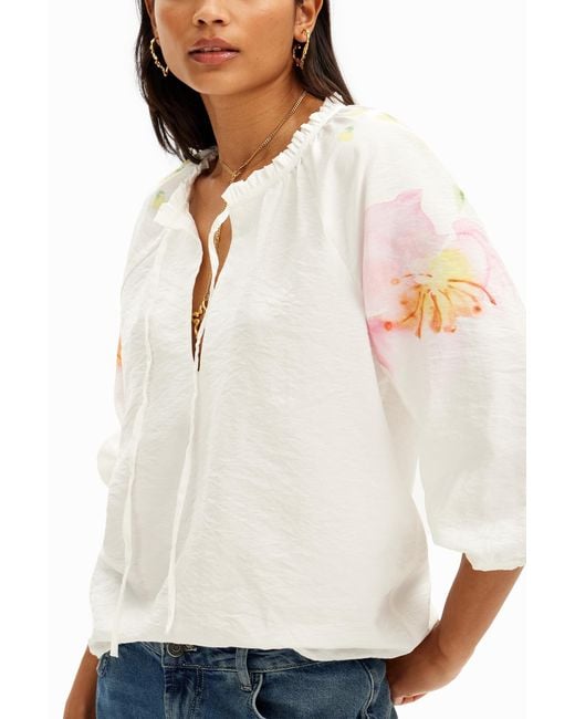 Desigual White Flowy Blouse With Watercolor Floral Print
