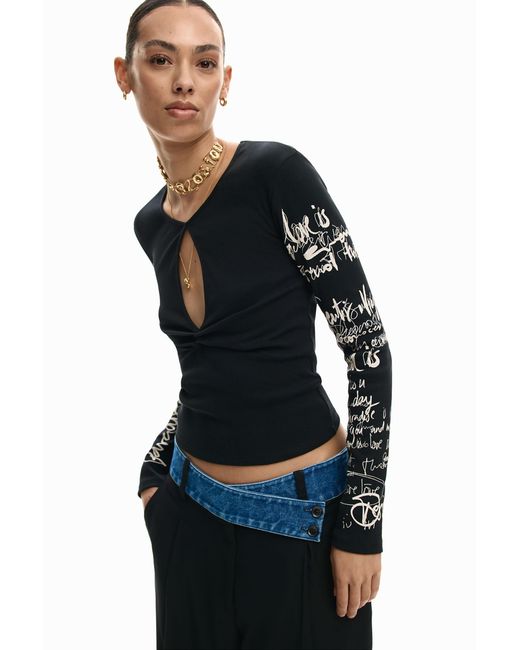 Desigual Black T-Shirt Opening Lettering, Cotton