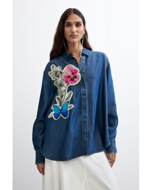 Desigual Blue Embroidered Flower Shirt, Lyocell