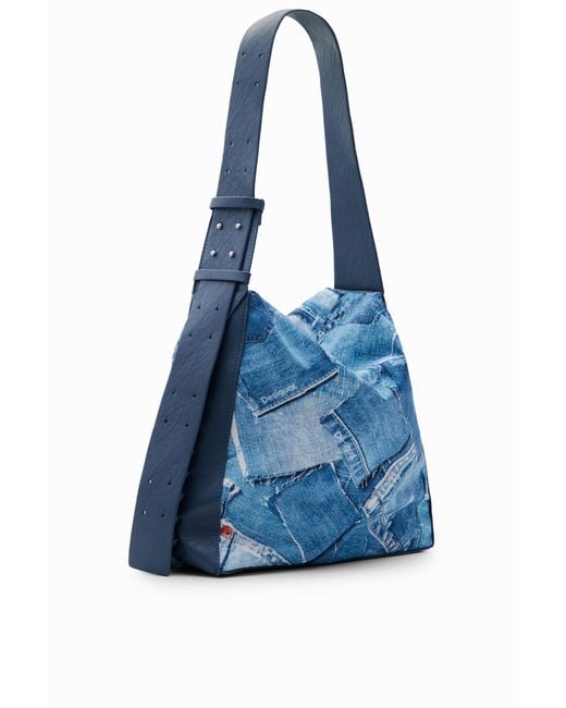 Desigual Blue Large Denim Patchwork Bag, Polyester
