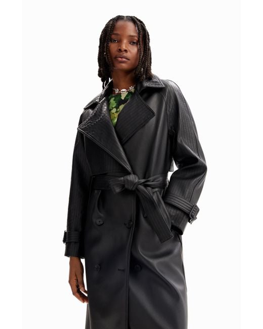Desigual Black Belted Leather-effect Trench Coat