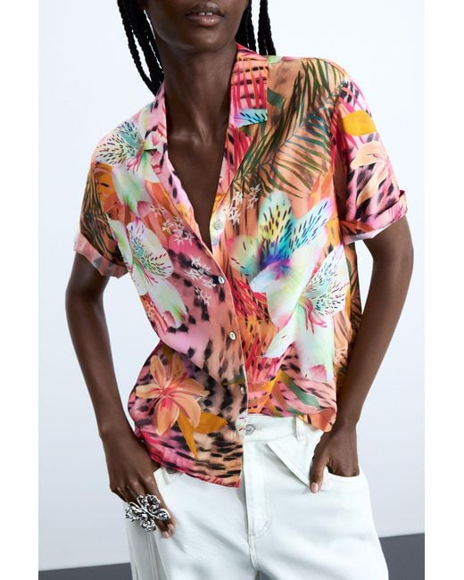 Desigual Red Short-Sleeve Tropical Shirt, Viscose