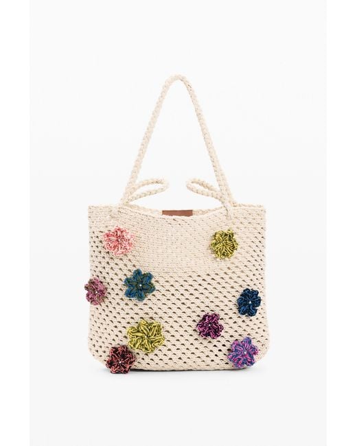 Desigual White Crochet Bag With Flowers, Cotton