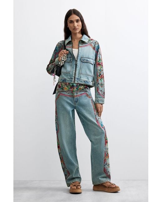 Desigual Blue Embroidered Denim Jacket 100% Cotton, Cotton