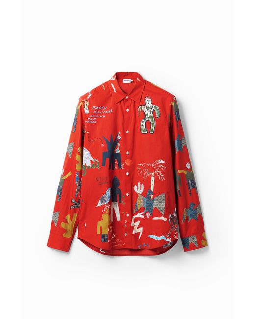 Desigual Red Poplin Shirt With Illustrations. Cotton for men