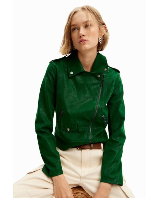 Desigual Green Textured Biker Jacket