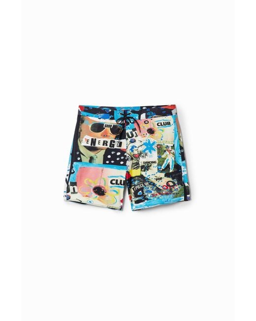 Desigual Blue Marine Watercolor Swimsuit, Polyester for men