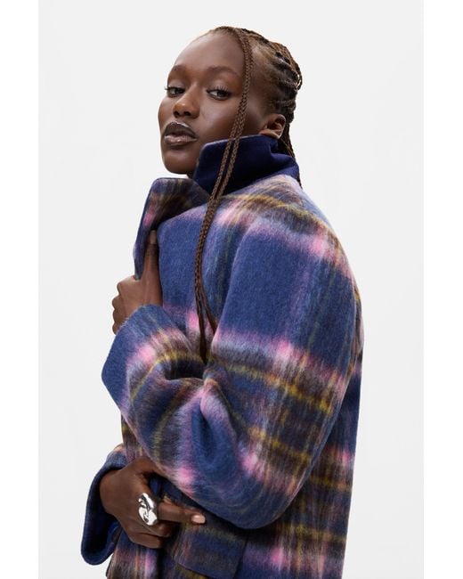 Desigual Blue Long Checkered Coat