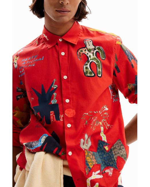 Desigual Red Poplin Shirt With Illustrations. Cotton for men