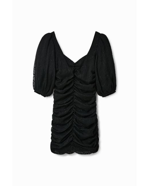 Desigual Black Short Ruched Dress With Polka Dots, Polyester