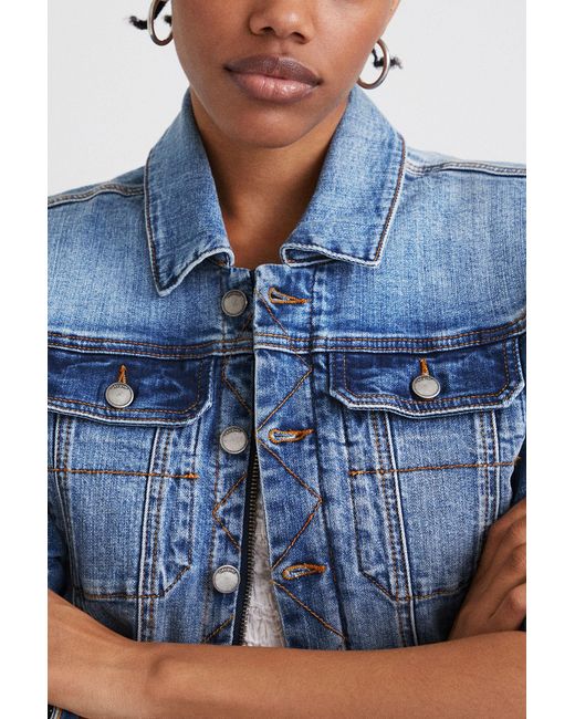 Desigual Blue Denim Jacket With Border, Cotton