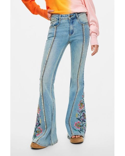 Desigual Blue Jeans Trousers With Flower Topstitching, Cotton