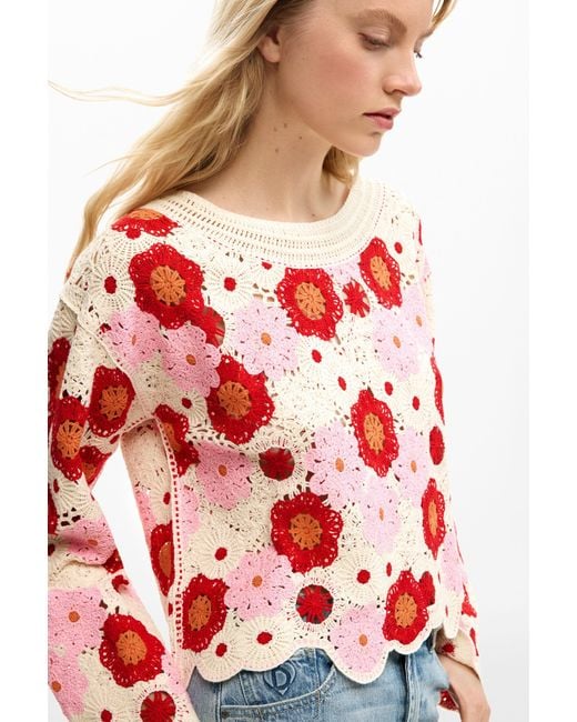 Desigual Red Crochet Flower Sweater