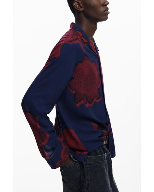 Desigual Blue Dark Floral Shirt, Viscose for men