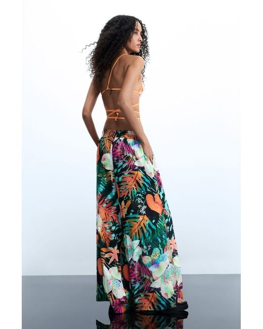 Desigual Blue Floral Print Trousers, Viscose