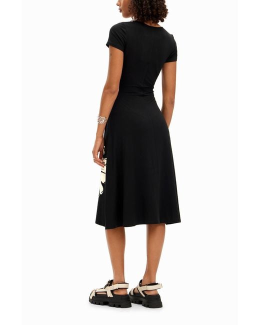 Desigual Black Short-Sleeved Midi Dress With Neckline And Daisies. Viscose