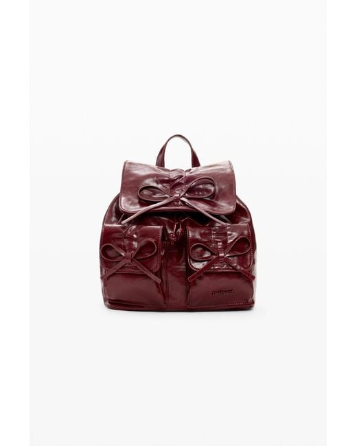 Desigual Red Small Shiny Backpack Bow, Polyurethane