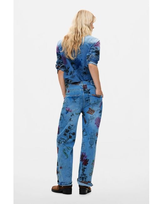 Desigual Blue Printed Straight Jeans, Cotton