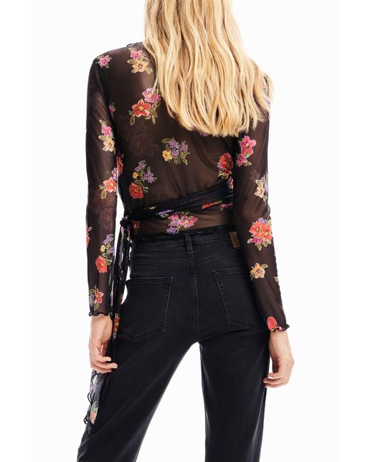 Desigual Black Wrap Floral Tulle Blouse, Polyester